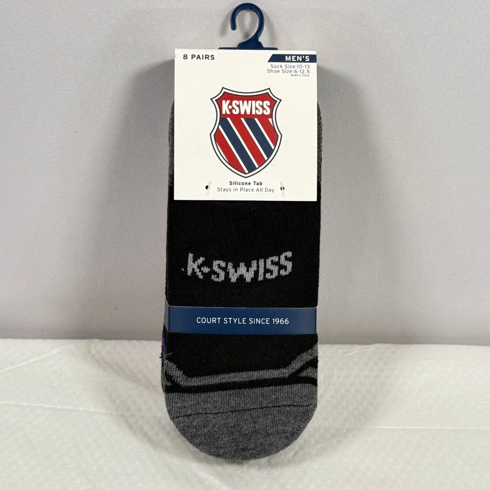 K-Swiss Men's Socks Low Cut‎ No Show 8 pack Shoe Size 6 to 12.5 Silicone Tab